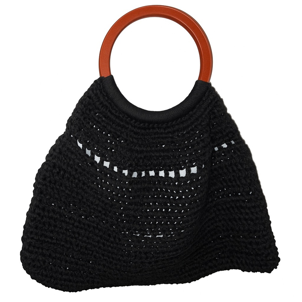 HANDMADE CROCHET BLACK PURSE HANDBAG with WOOD HANDLE